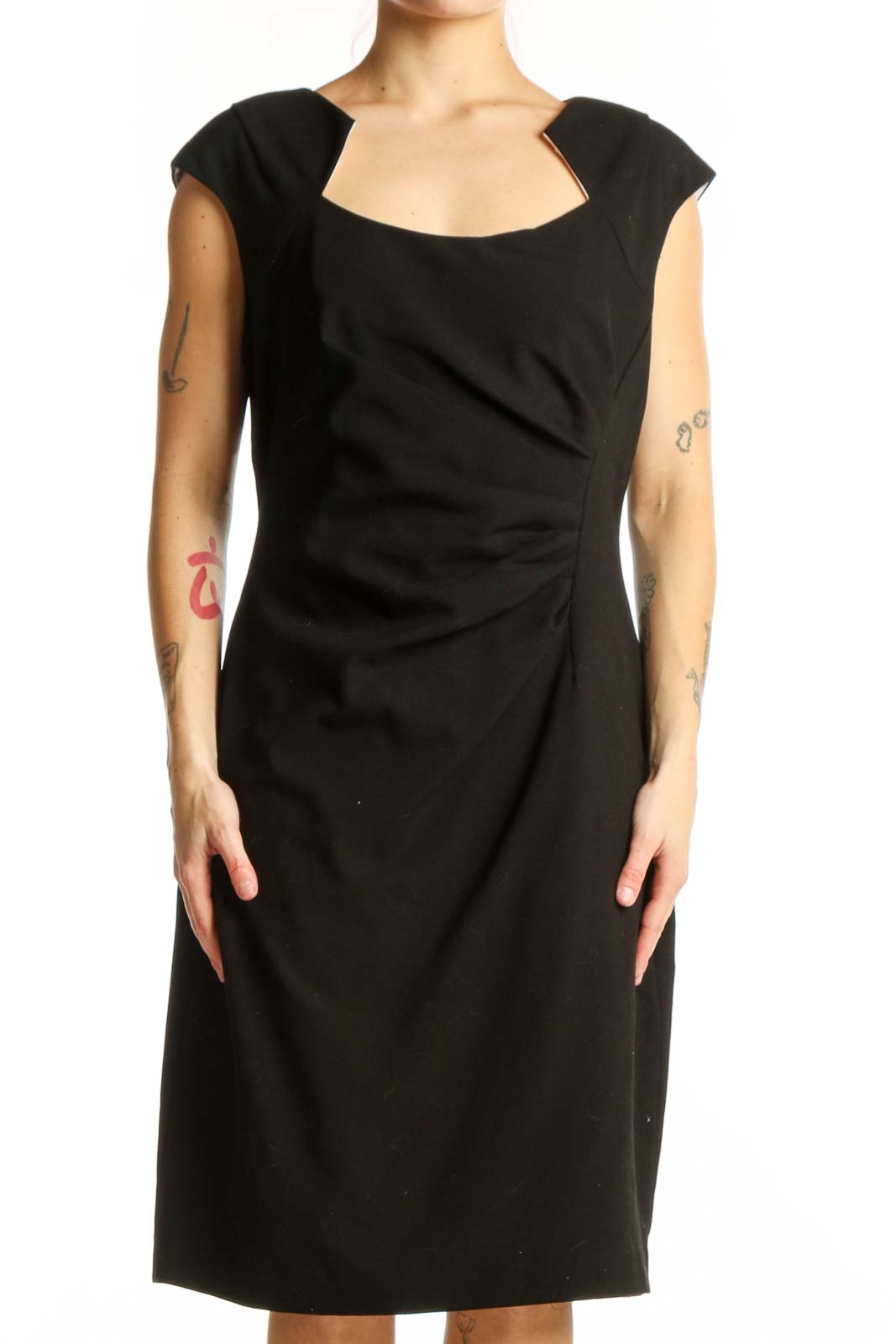 Black Ruched Cap Sleeve Dress XL Front