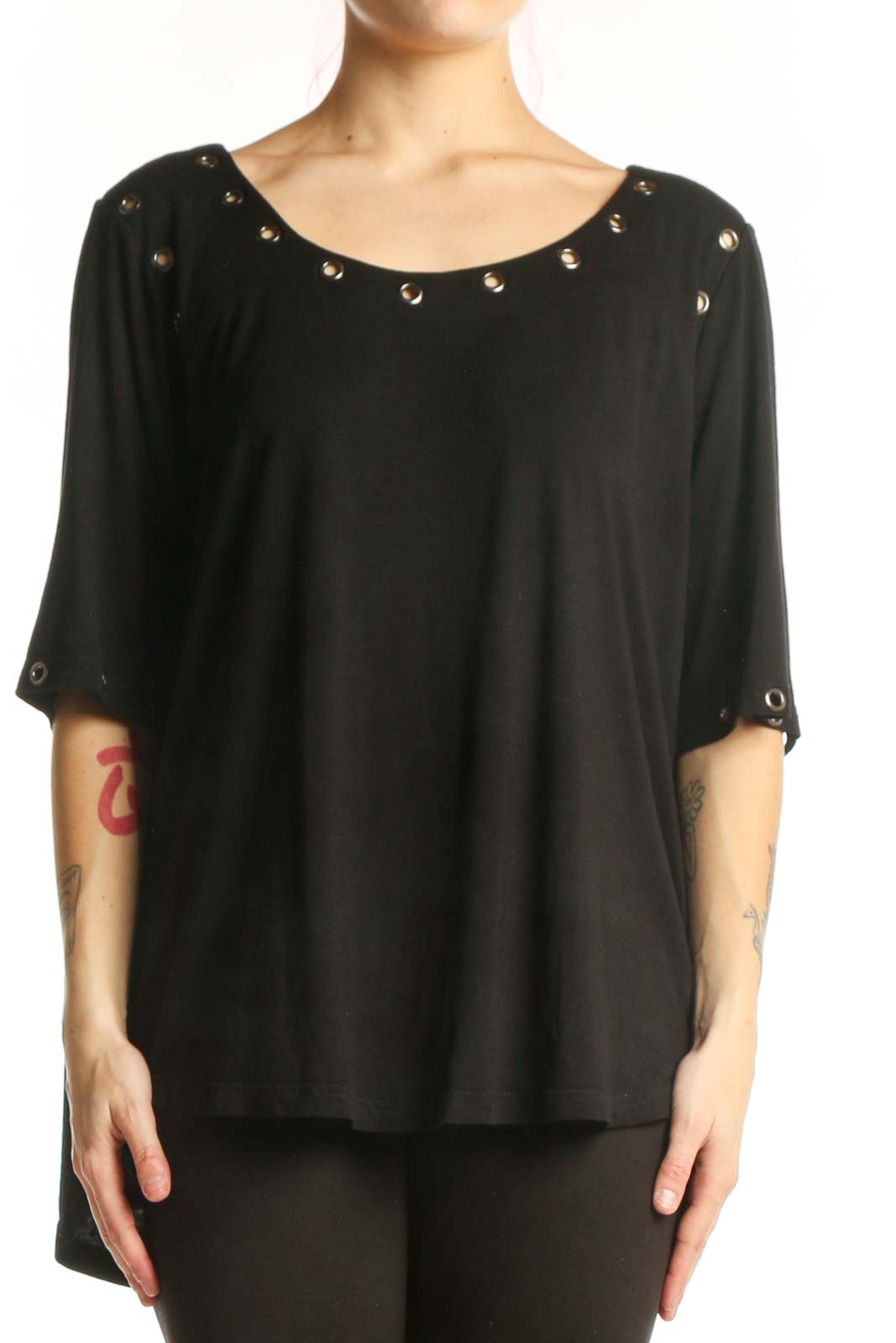 Black Studded Half Sleeve Top Front