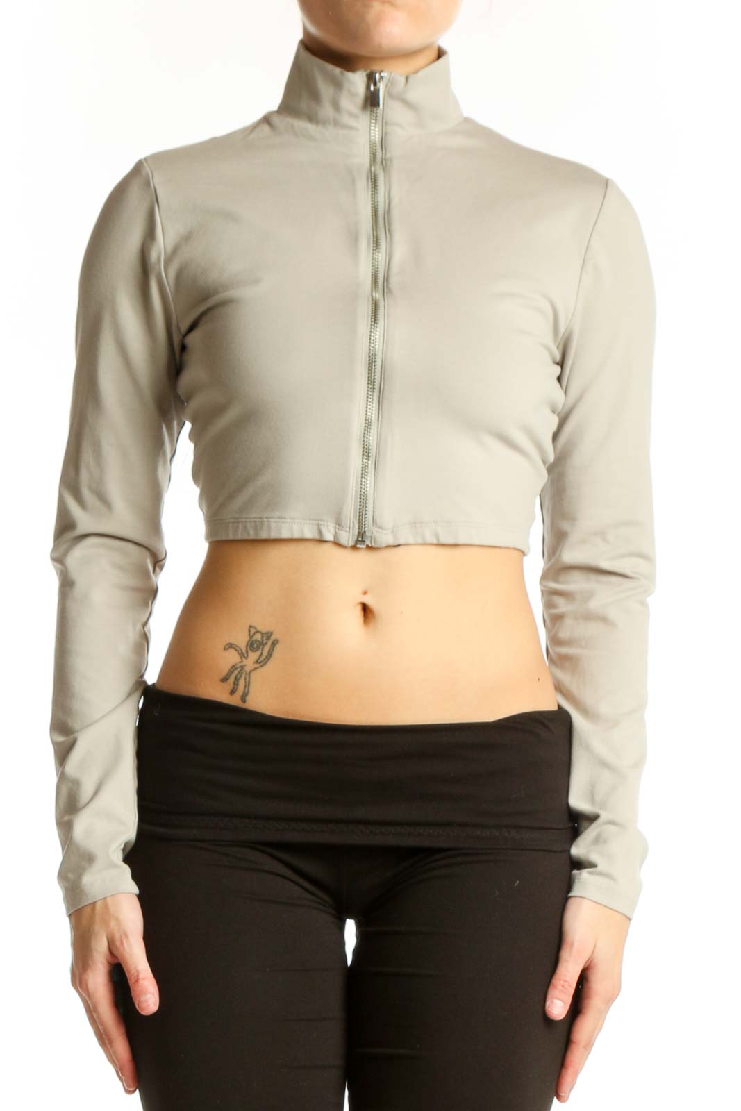 Cream Cropped Zip-Up Jacket Front