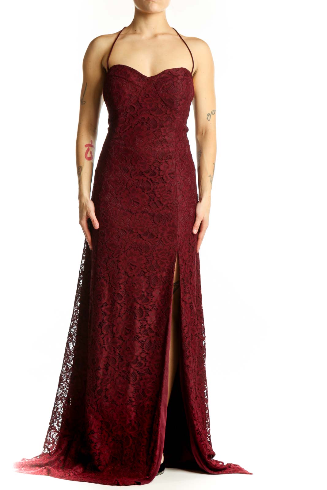 Burgundy Lace Halter Maxi Dress Front