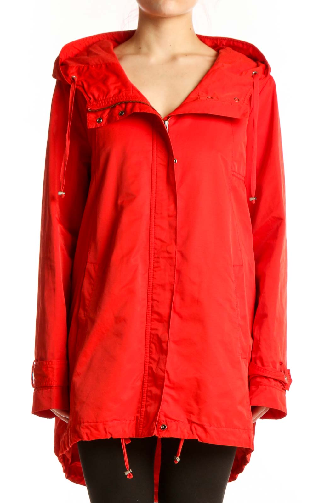 Red Hooded Nylon Cotton Jacket Front