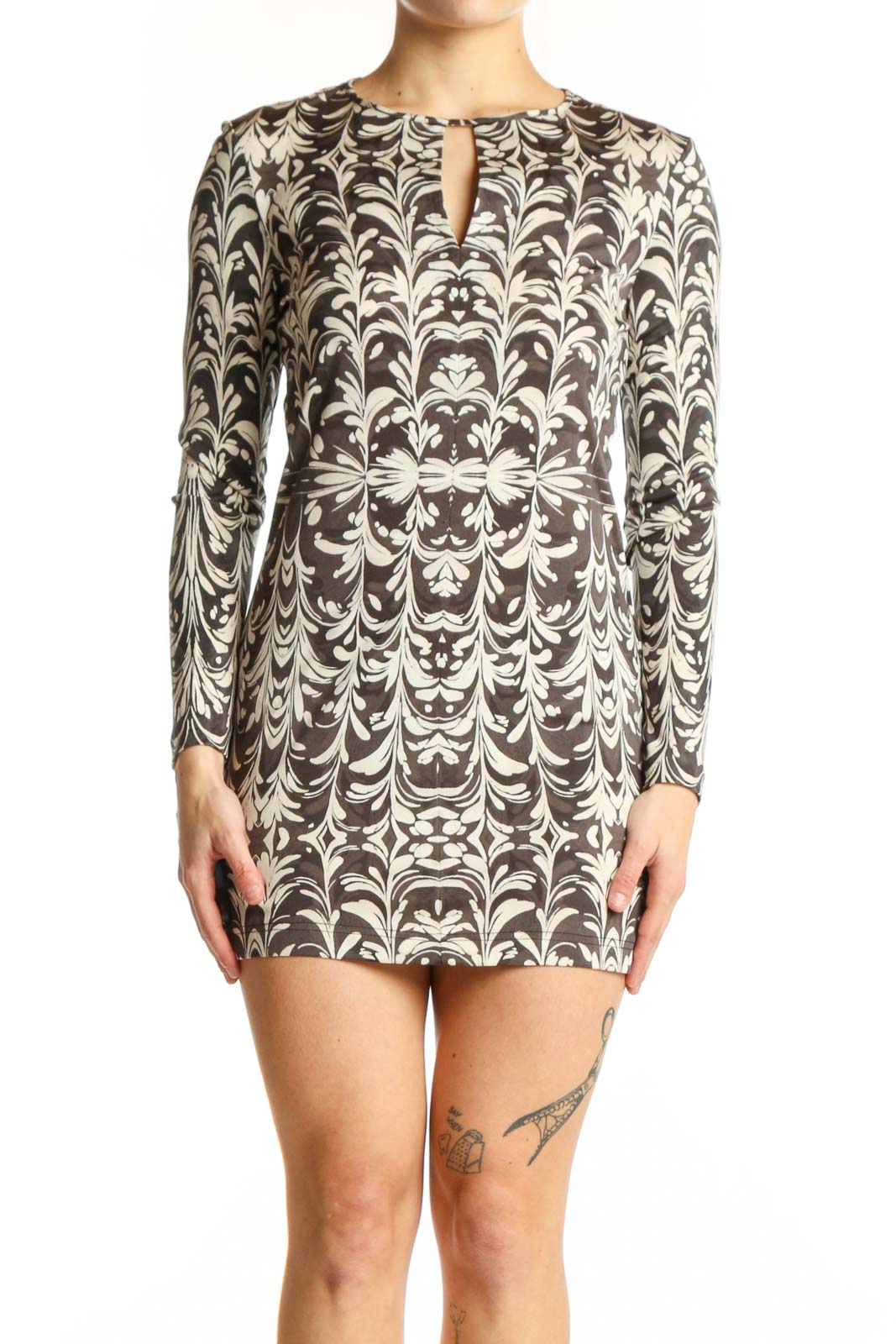 Cream Damask Print Silk Dress Front