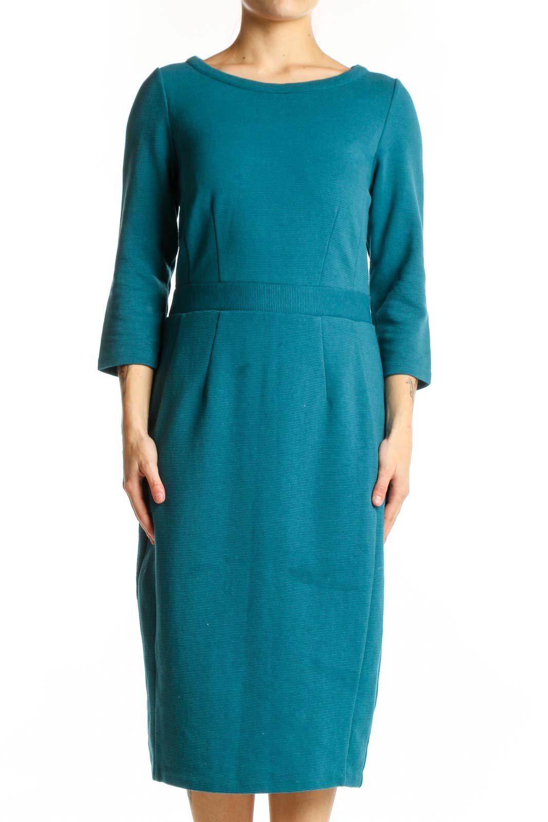 Teal Three-Quarter Sleeve Midi Dress Front