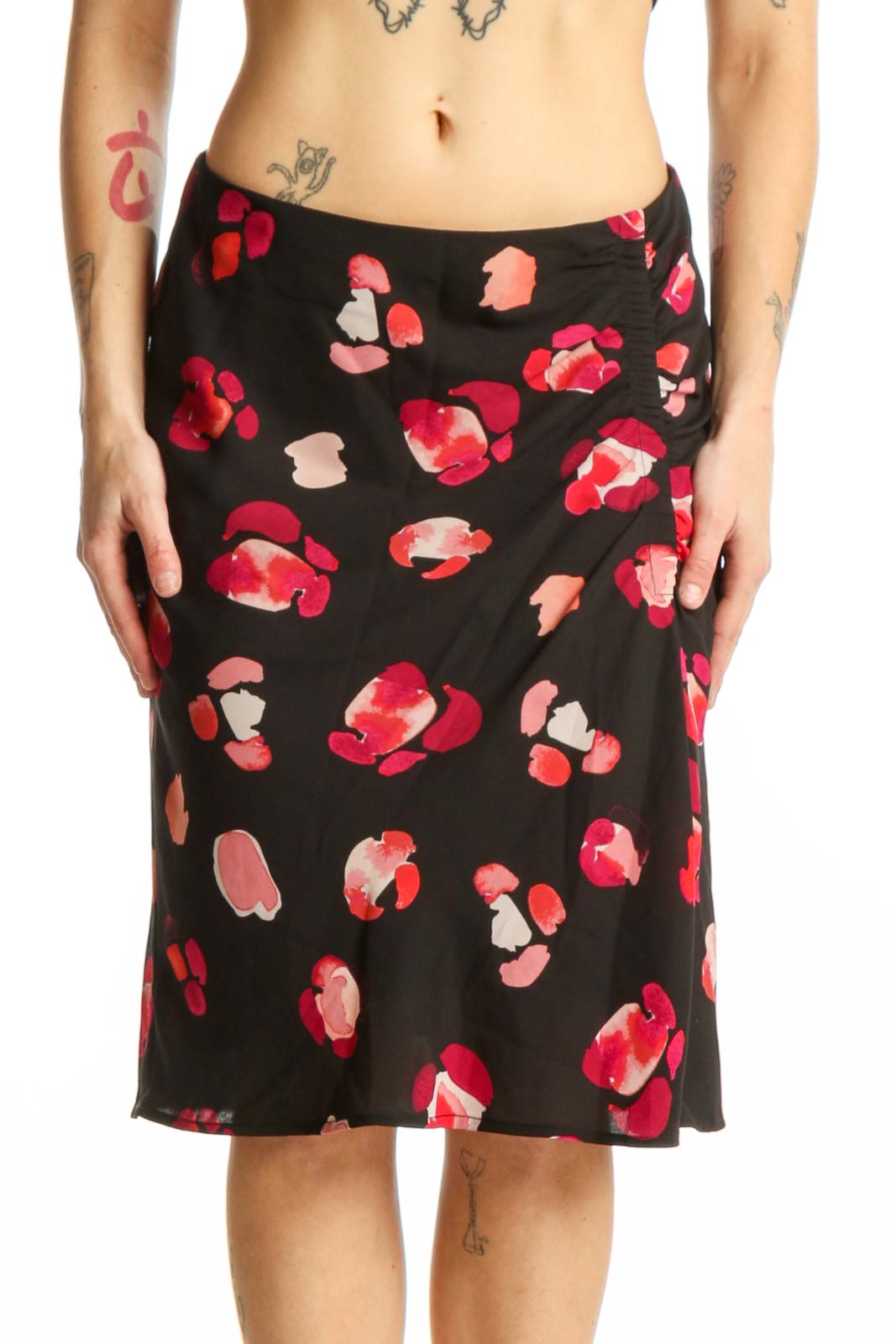Black Floral Print Knee-Length Skirt Front