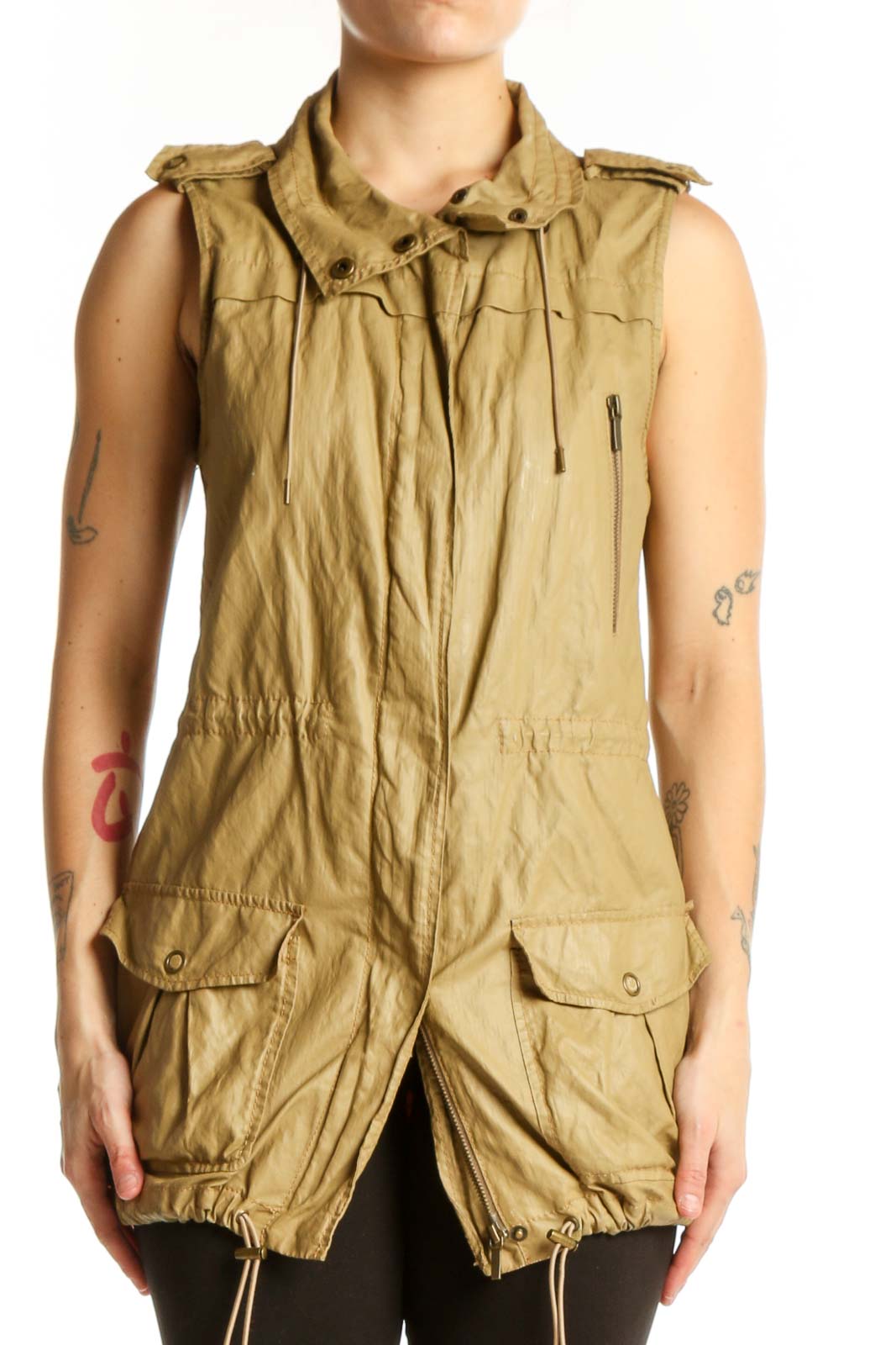Beige Sleeveless Cargo Vest Top Front