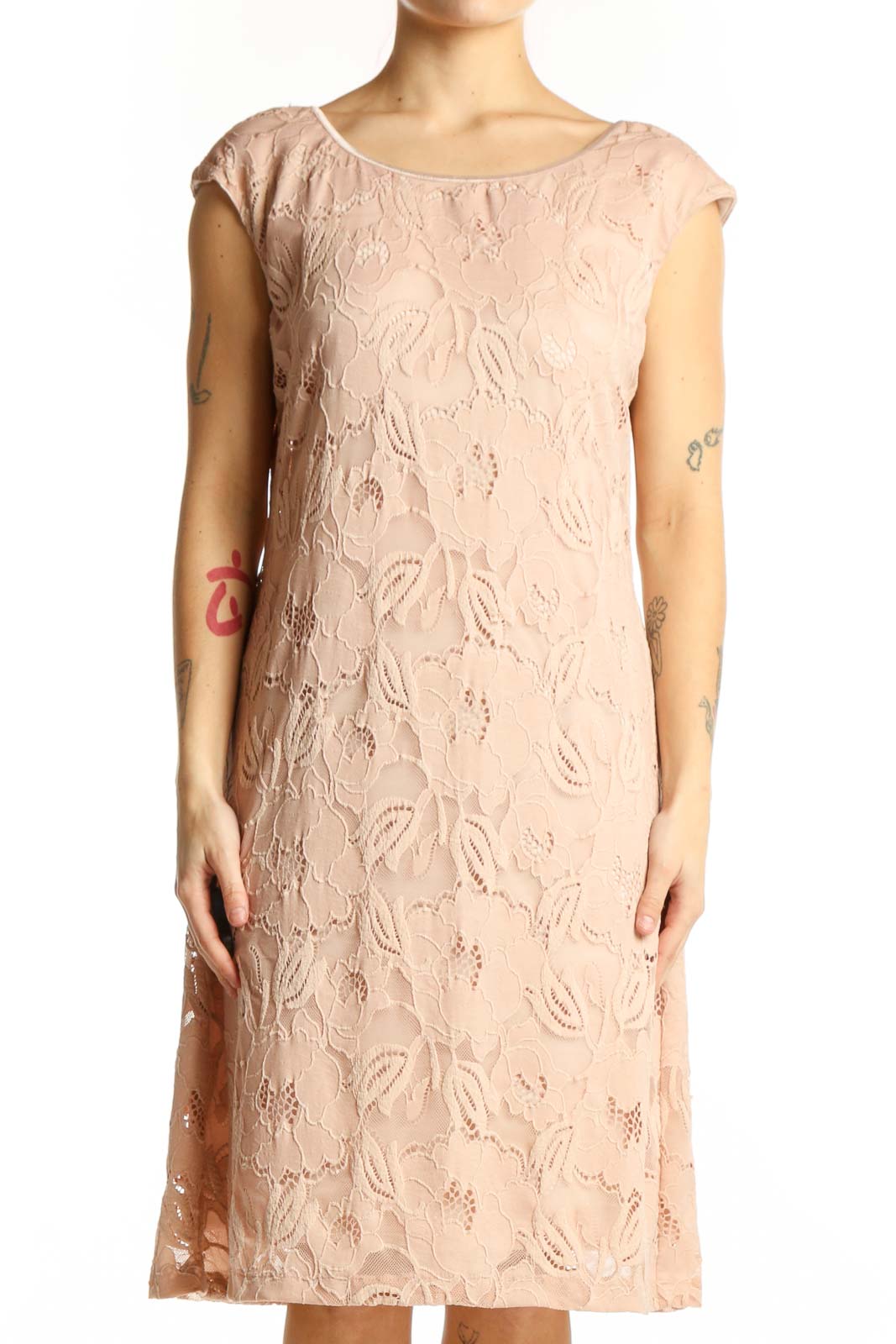 Beige Lace Shift Dress XL Front