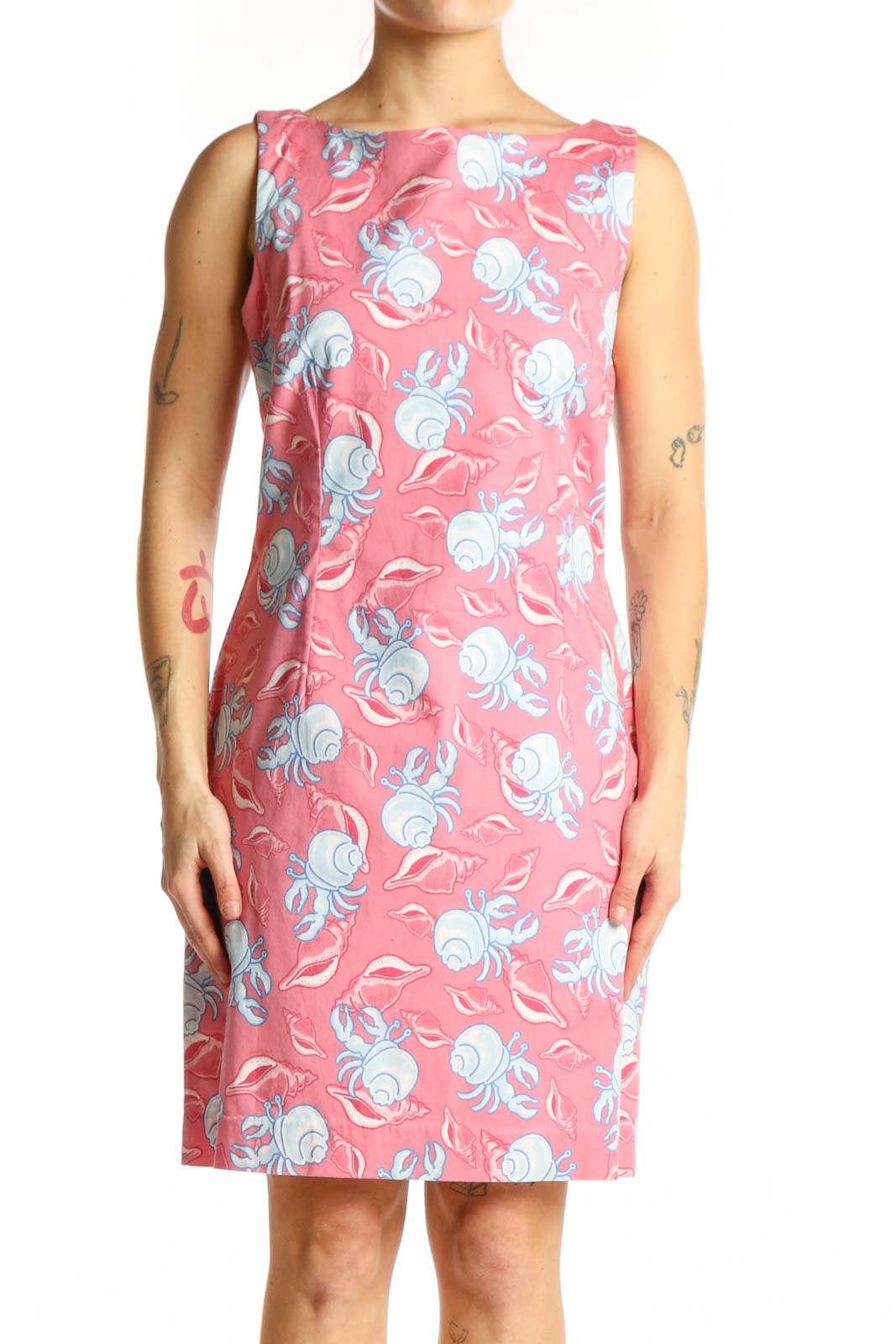 Pink Floral Cotton Sleeveless Dress Front