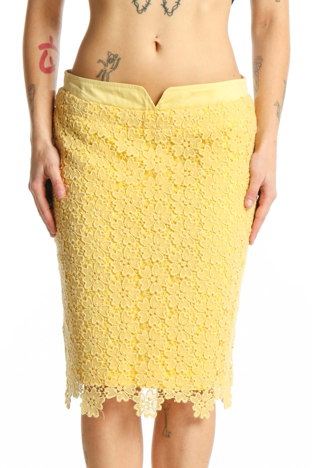 Yellow Lace Pencil Skirt Front