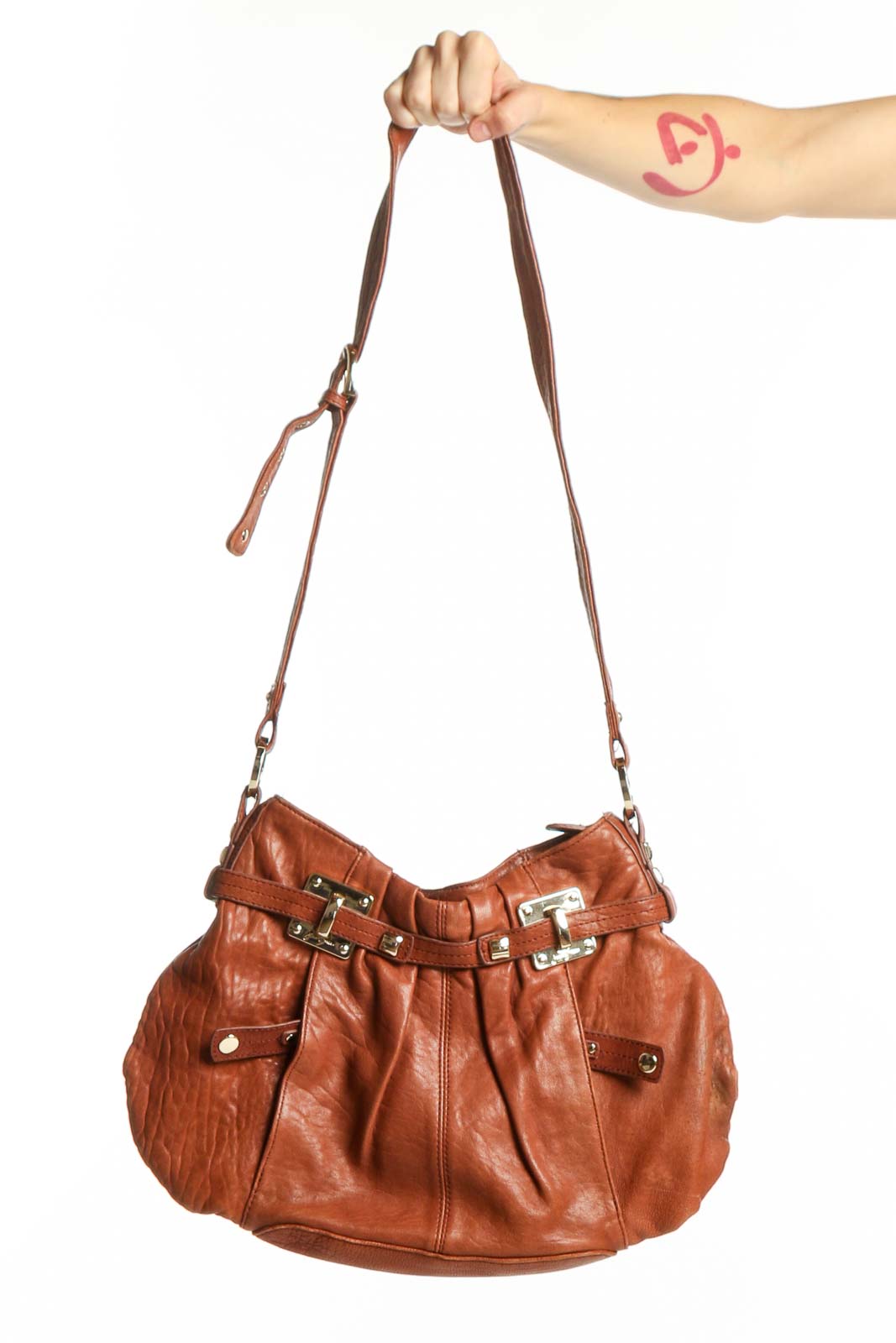 Cognac Leather Shoulder Bag with Hardware Details Front