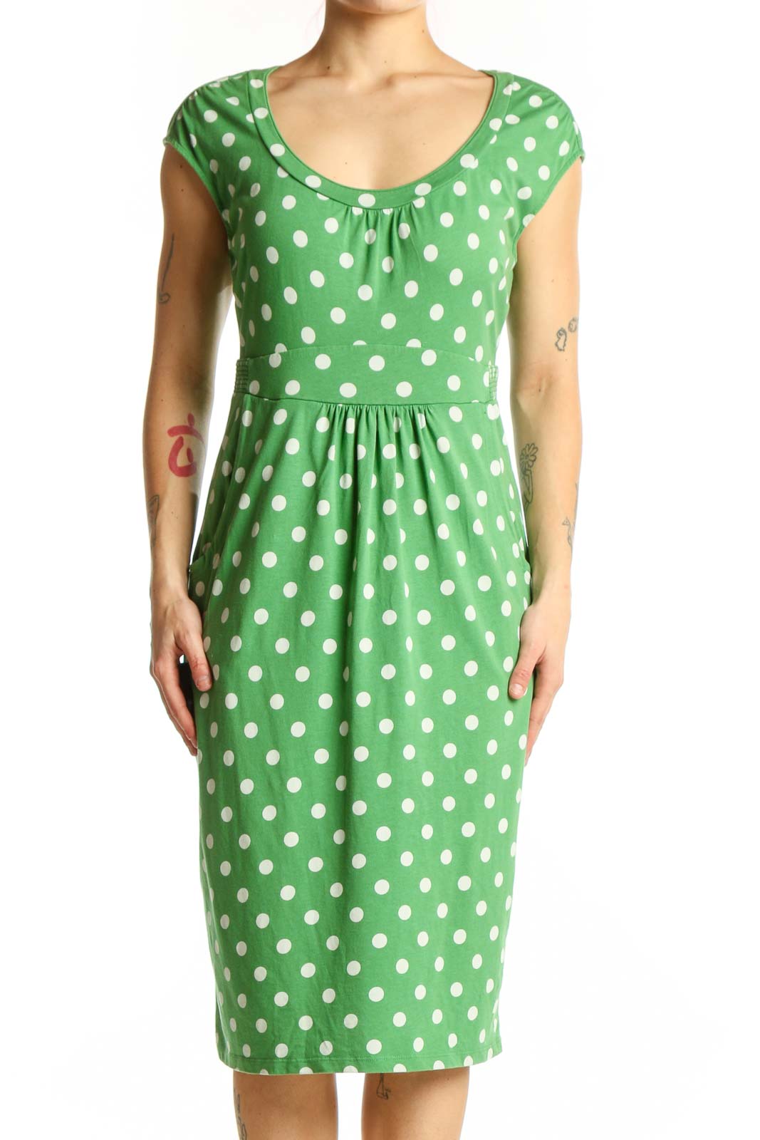 Green Polka Dot Cotton Midi Dress Front