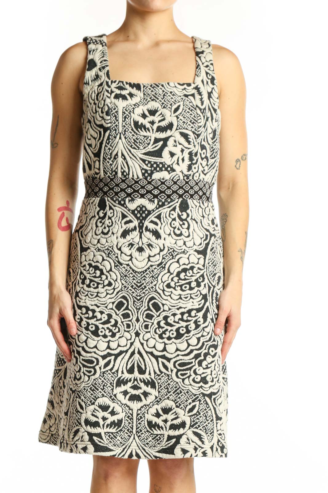 Cream Ornamental Print Sleeveless Dress Front