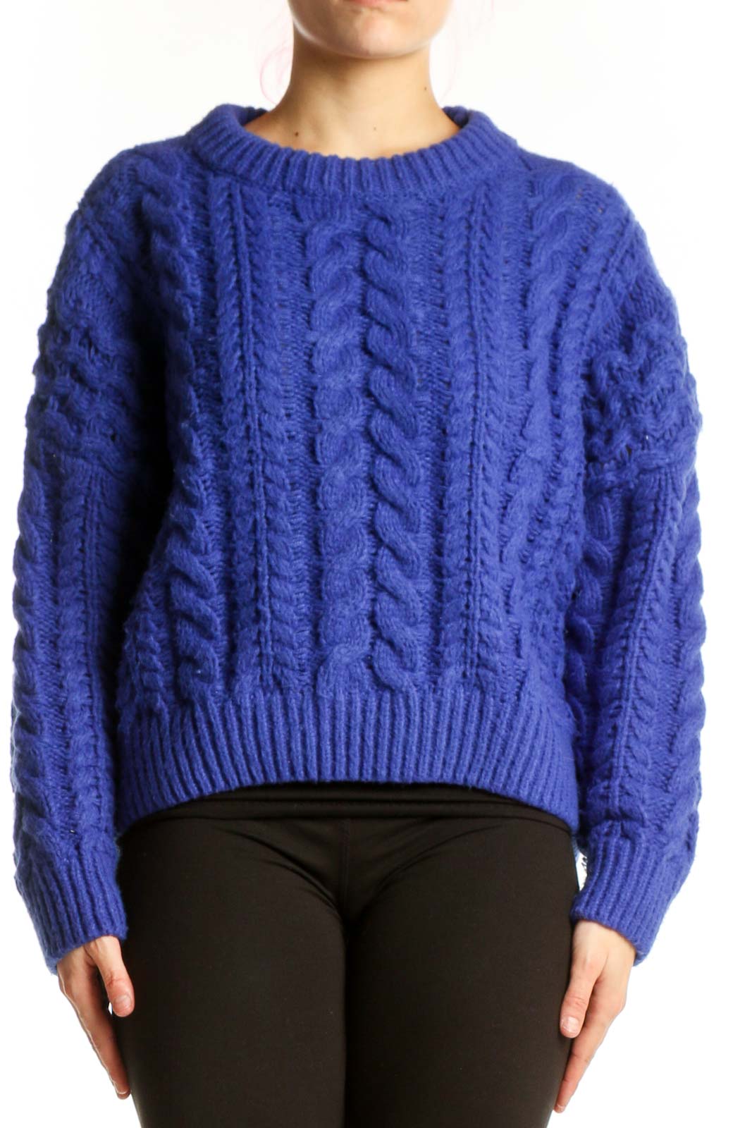 Blue Cable Knit Pullover Sweater Front