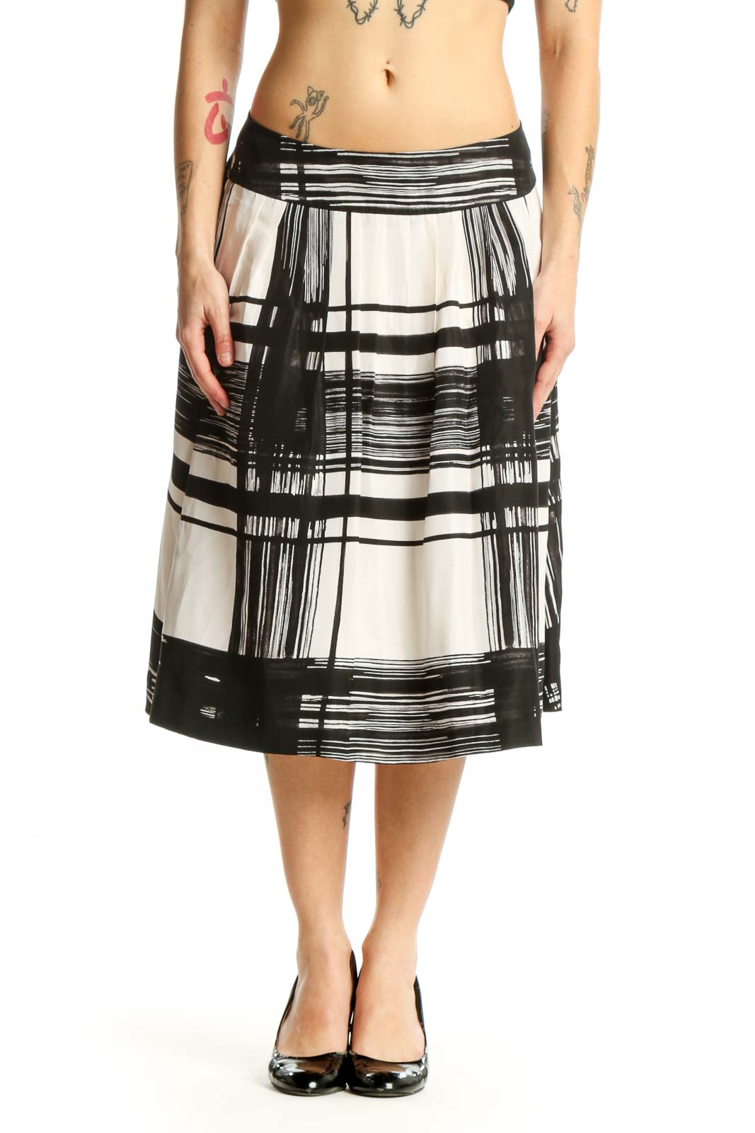 Black and Cream Pleated Silk Skirt Front
