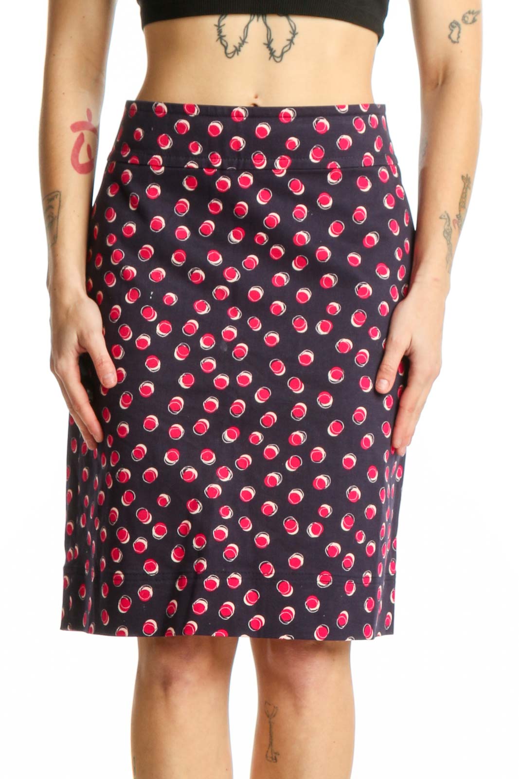 Navy Floral Pencil Skirt with Pink Roses Front