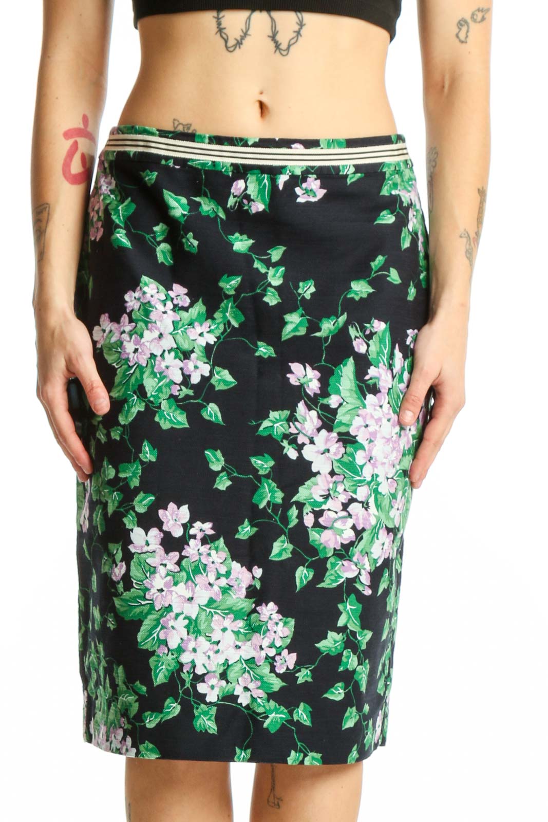 Black Floral Pencil Skirt with Green Accents Front