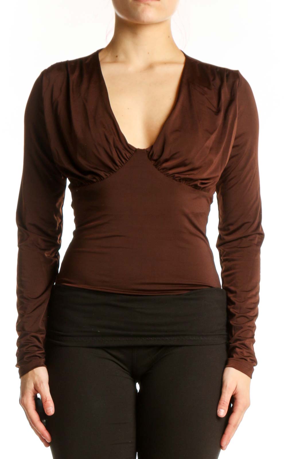 Brown V-Neck Long Sleeve Bodysuit Front