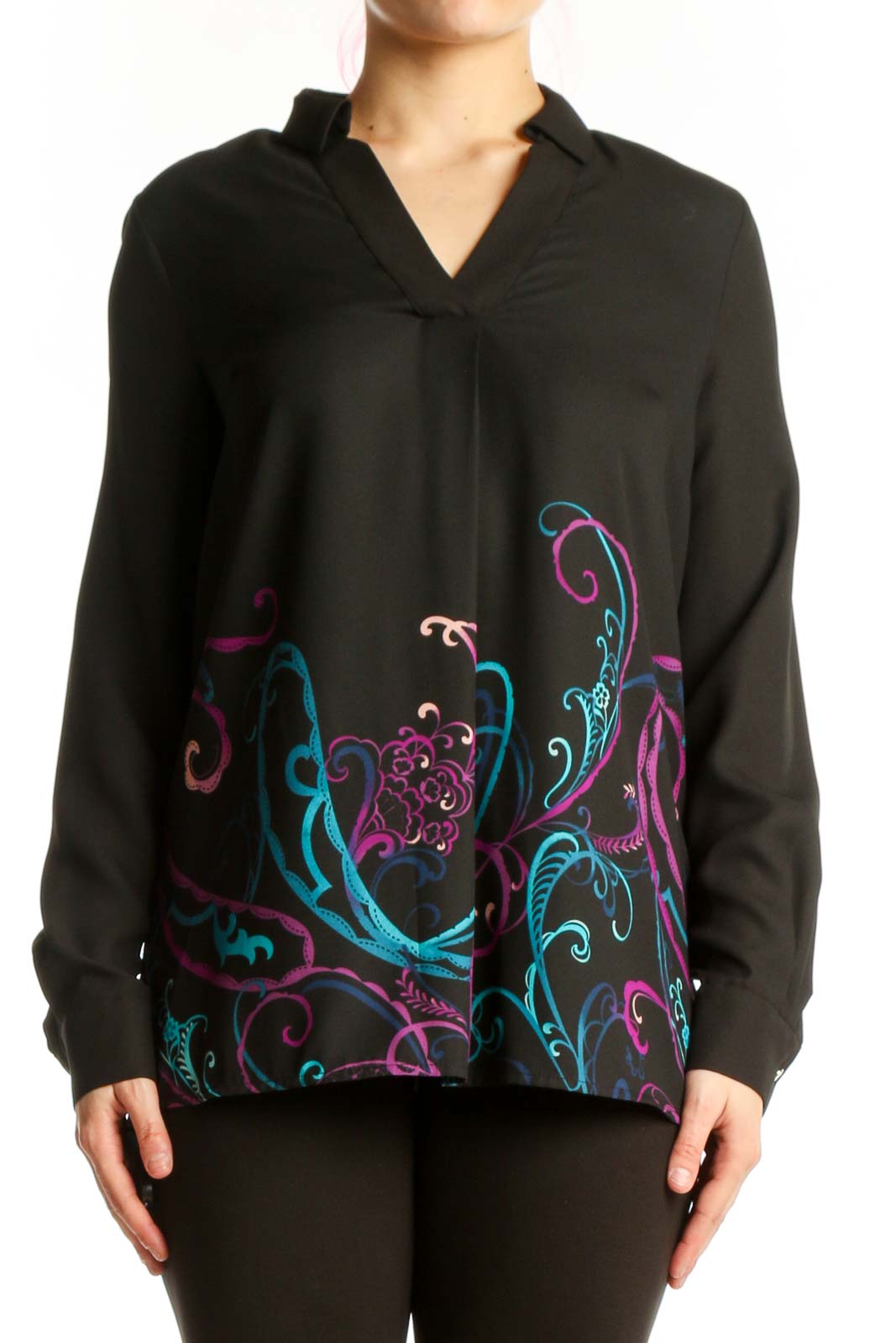 Black Embroidered Floral Button-Up Blouse Front