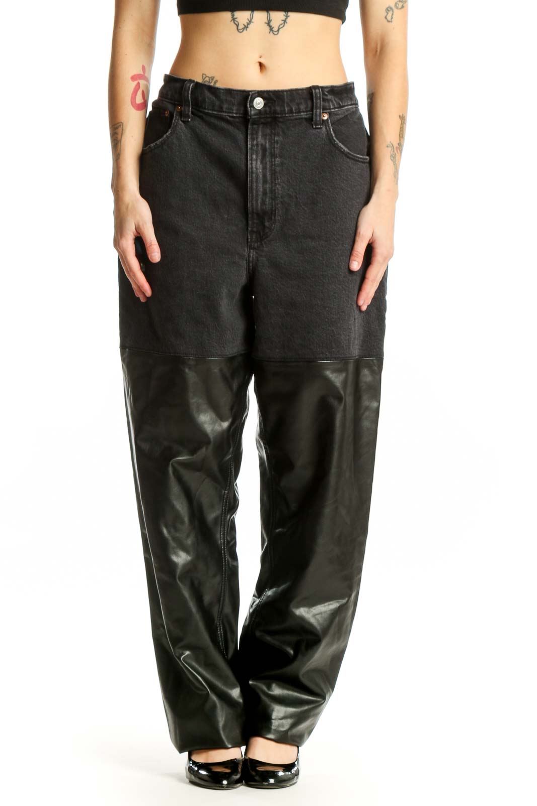 Black Denim Leather Colorblock Pants Front