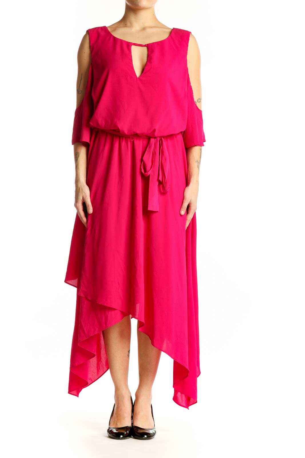 Pink Cold Shoulder Asymmetrical Midi Dress Front