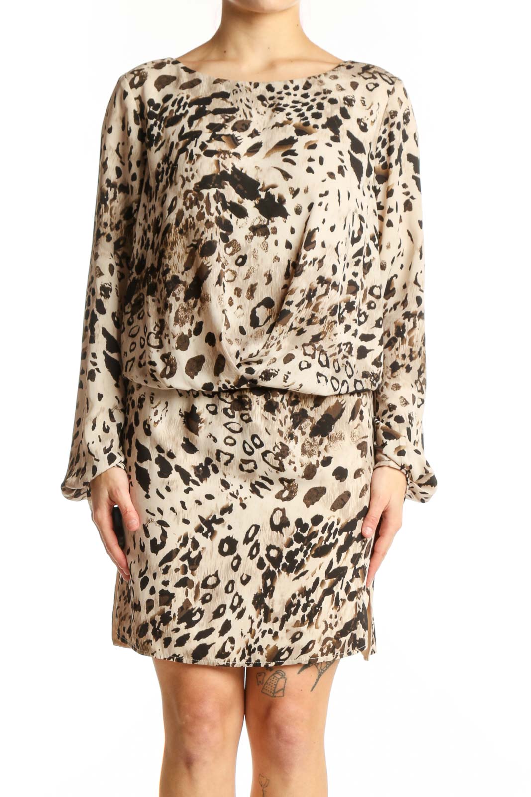 Beige Leopard Print Blouson Dress Front