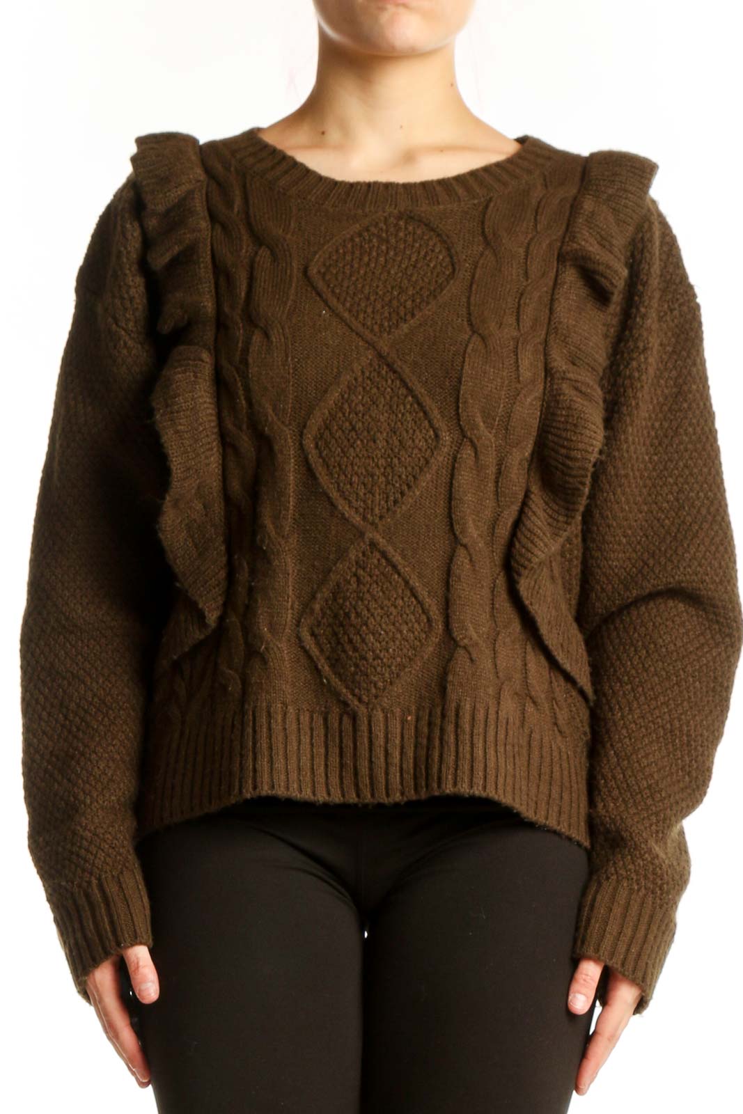 Brown Cable Knit Ruffle Sweater Front