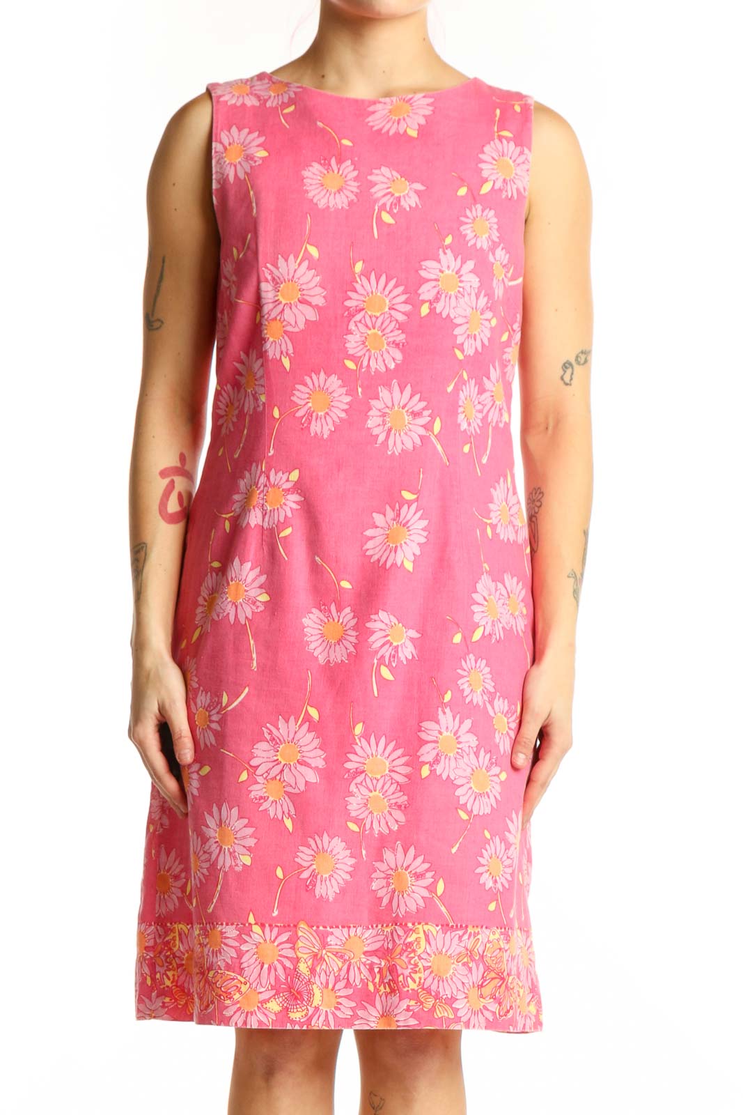 Pink Daisy Floral Cotton Linen Dress Front