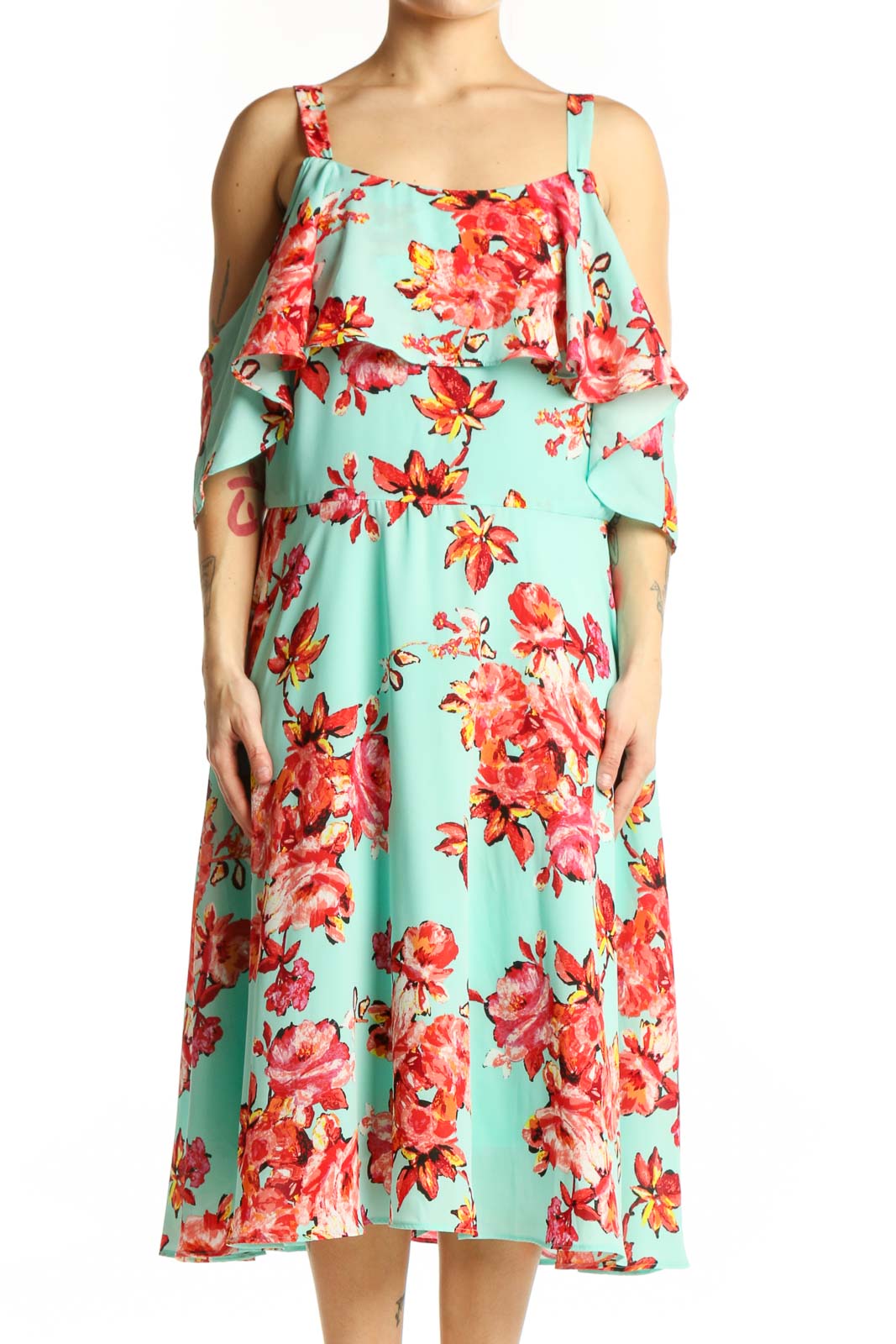 Mint Floral Cold Shoulder Midi Dress Front
