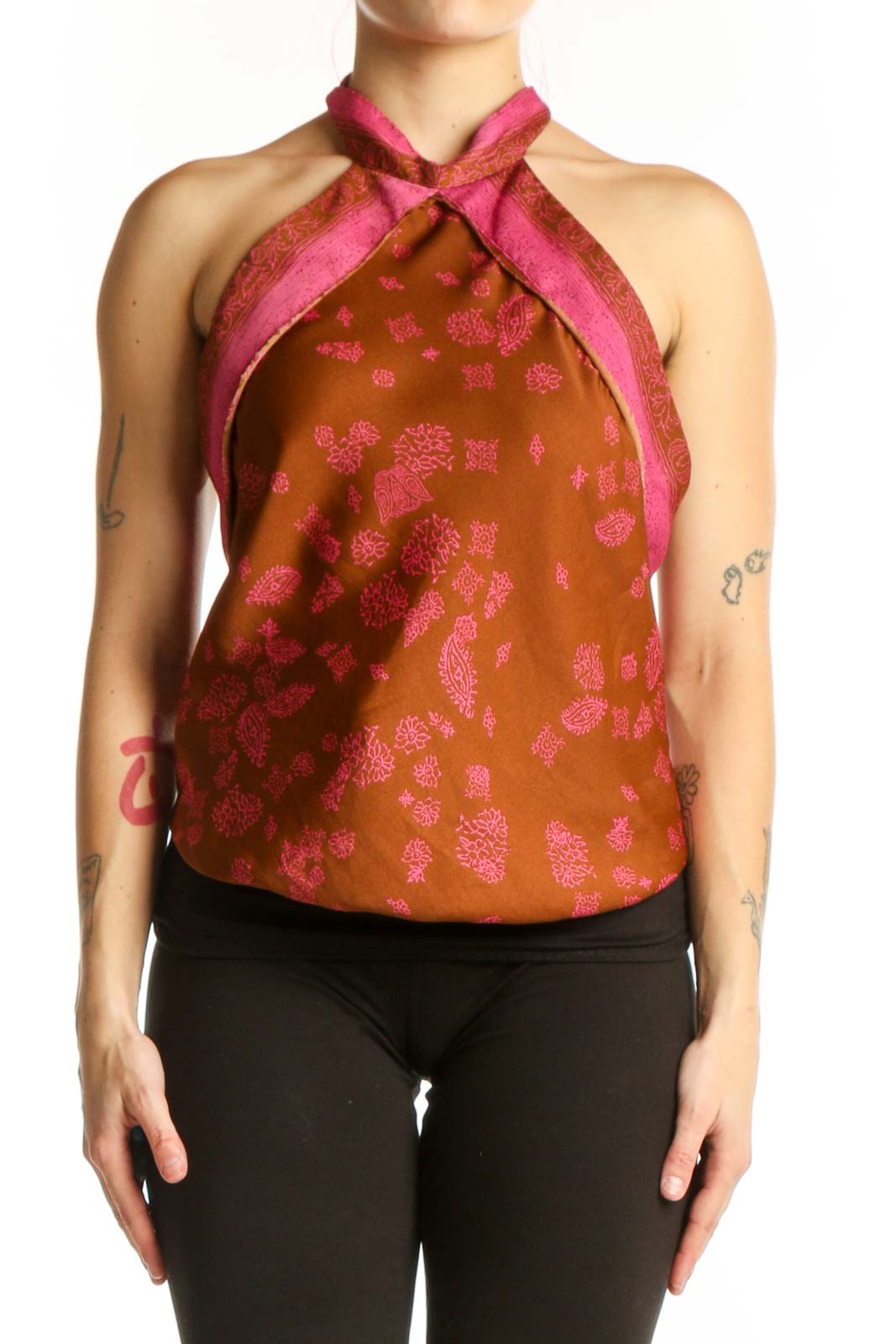 Orange Floral Halter Neck Tank Top Front