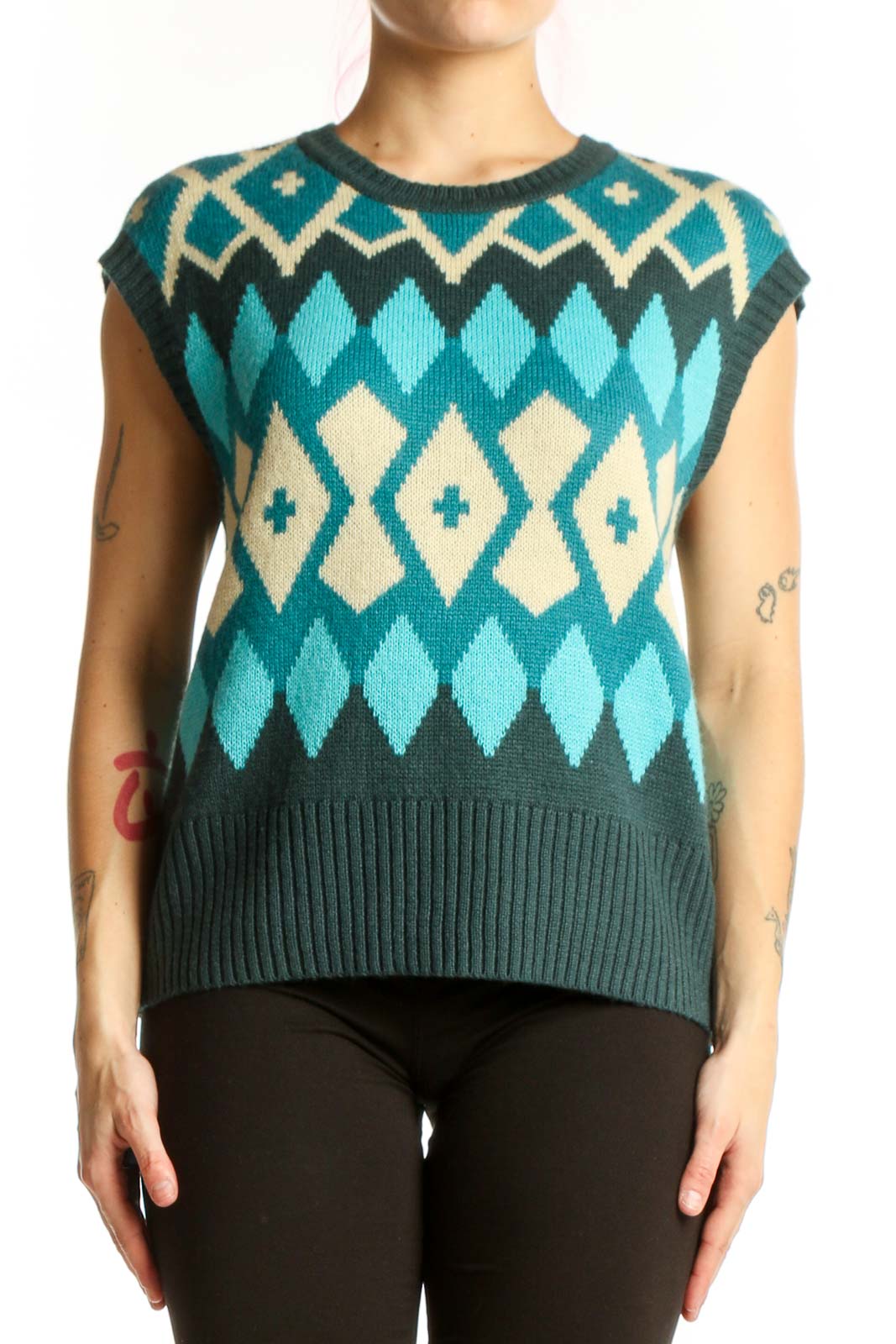 Teal Geometric Diamond Knit Vest Front