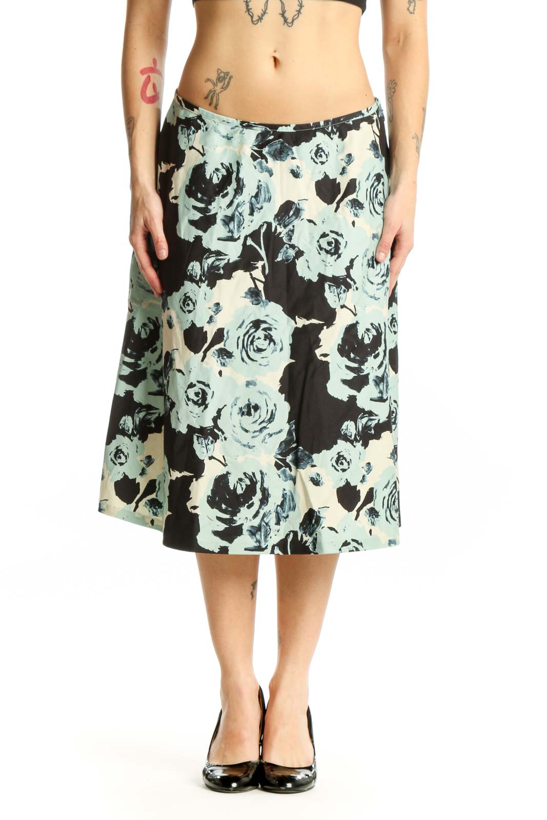 Black Floral A-Line Midi Skirt Front