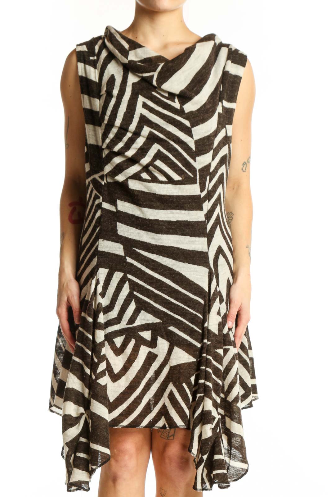 Black and Cream Zebra Print Asymmetrical Dress Front