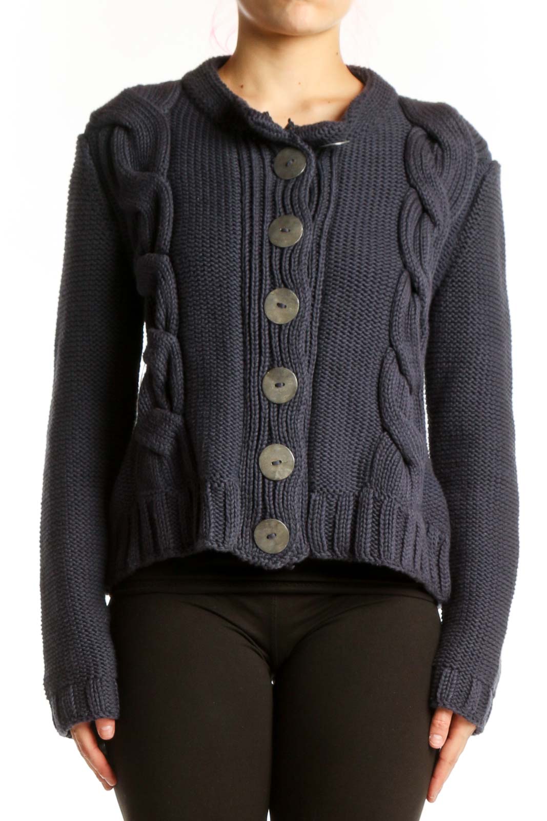 Navy Cable Knit Cotton Cardigan Front