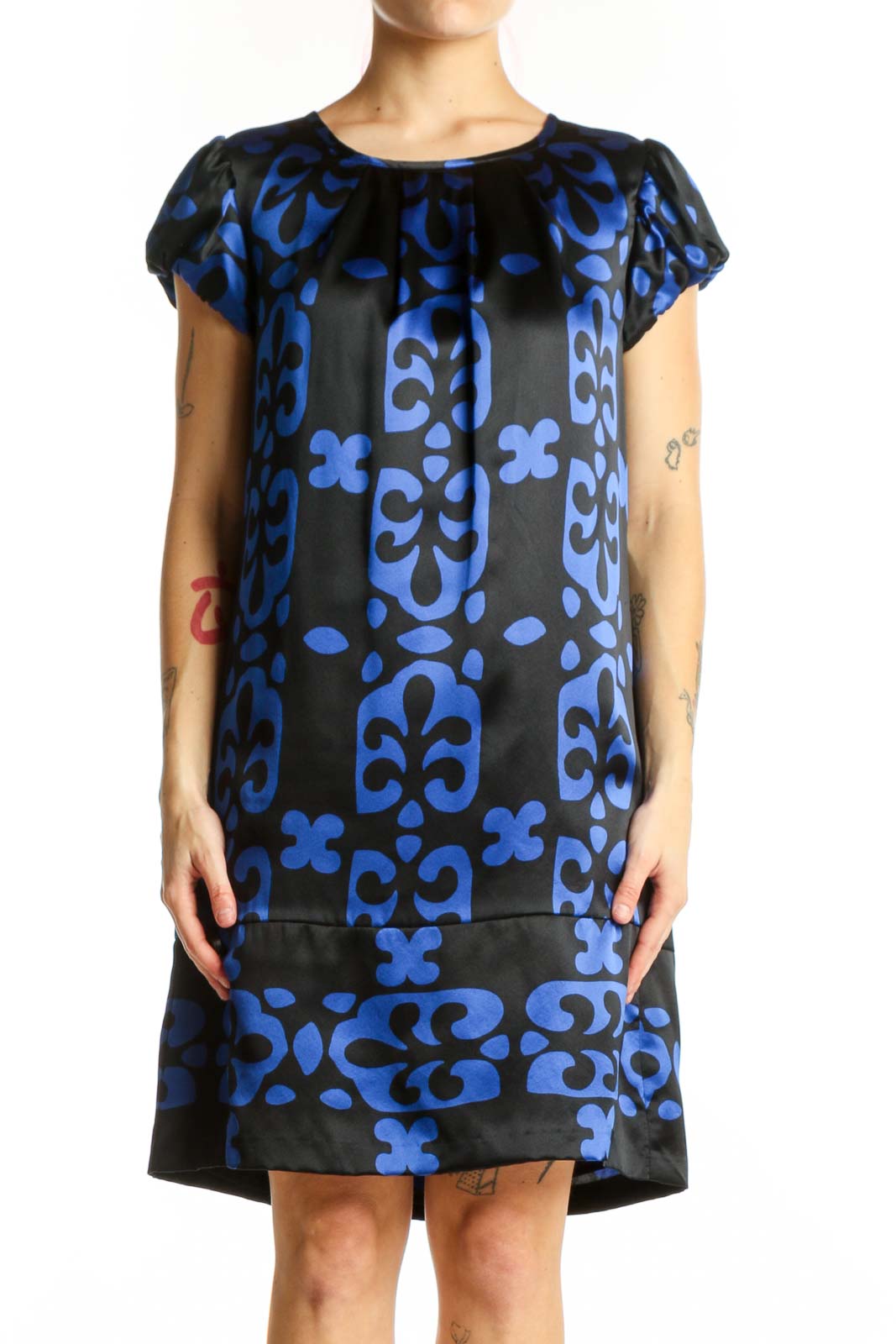 Black Blue Floral Print Shift Dress Front