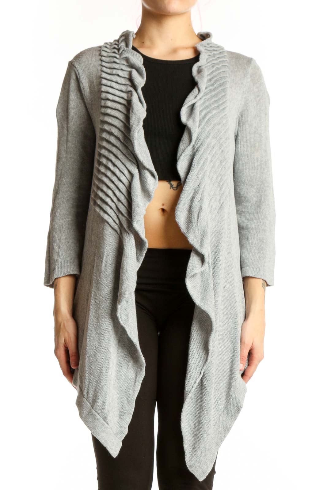 Gray Ruffle Cotton Cardigan Sweater Front