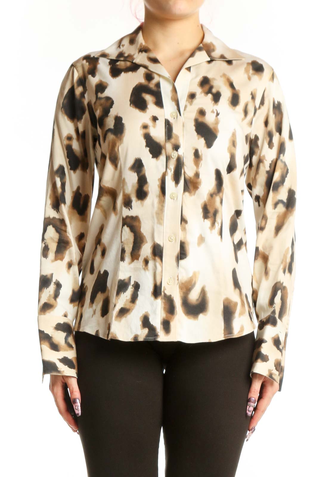Cream Leopard Print Button-Up Shirt Front