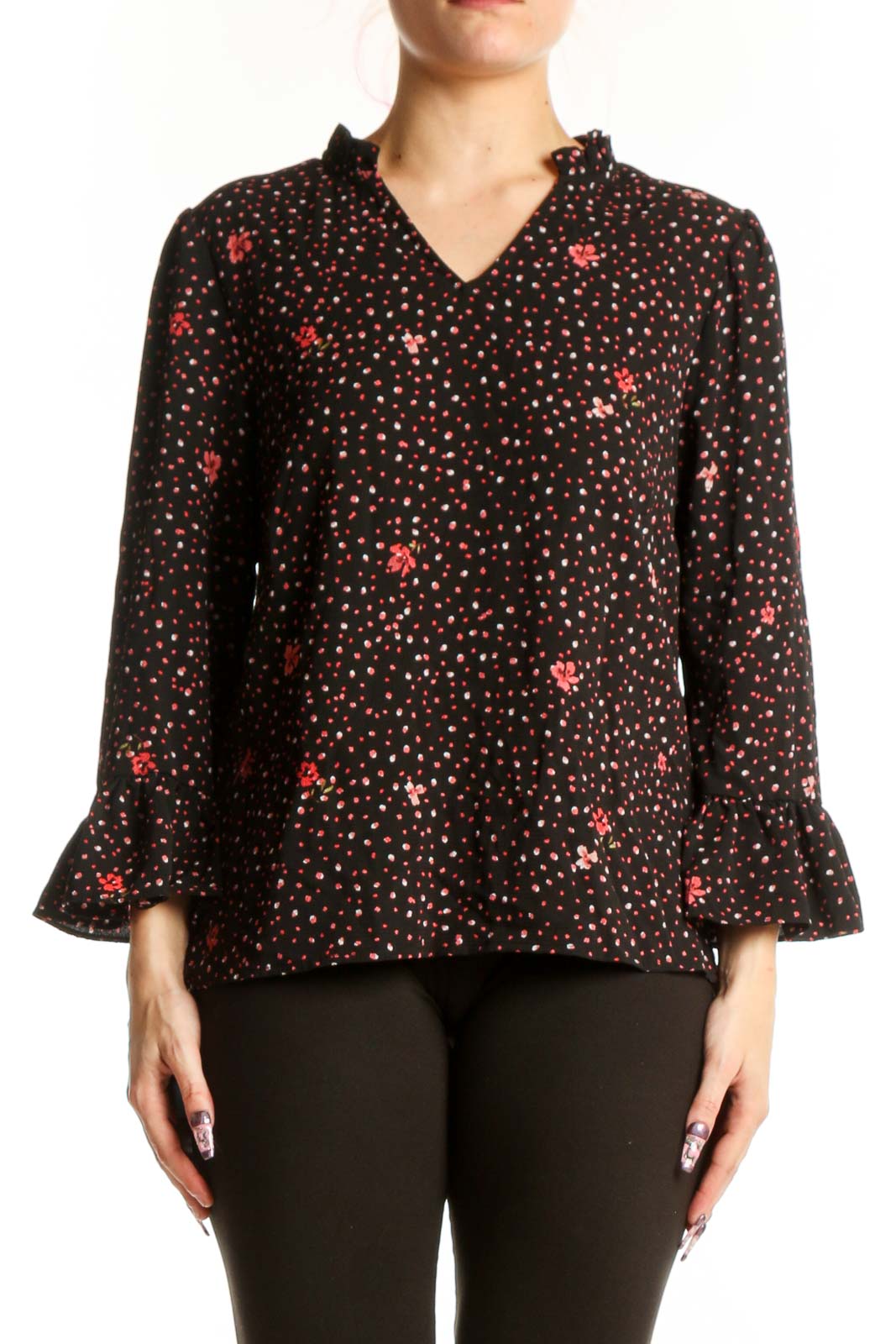 Black Floral Ruffle Sleeve Top Front