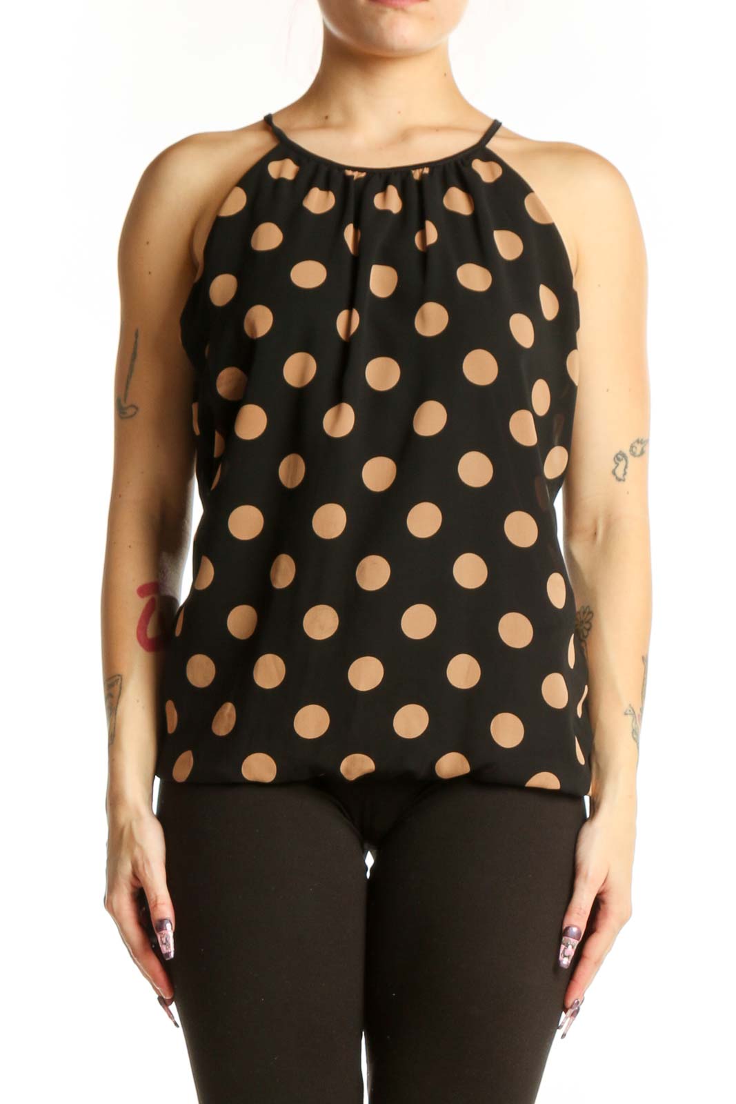 Black Polka Dot Halter Tank Top Front