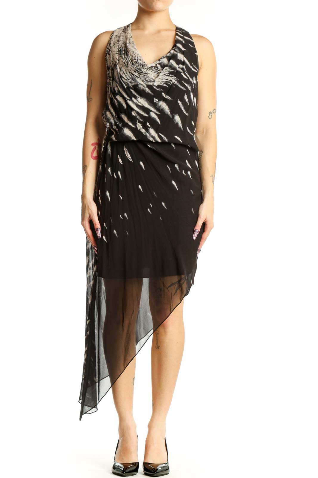 Black Feather Print Wrap Dress Front