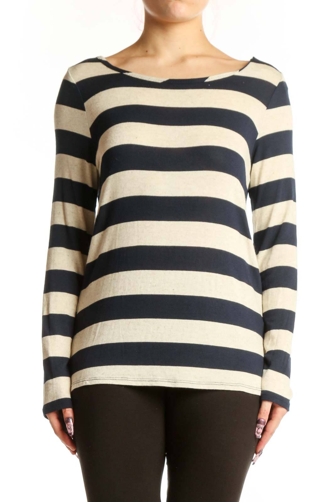 Navy Striped Long Sleeve Top Front
