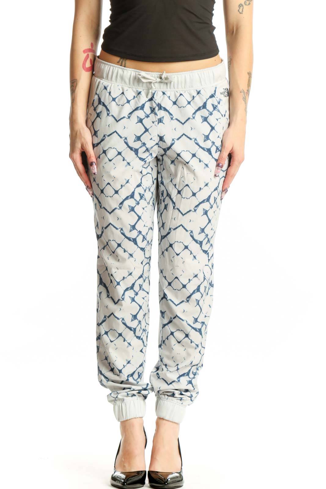 Cream Geometric Print Activewear Joggers Front