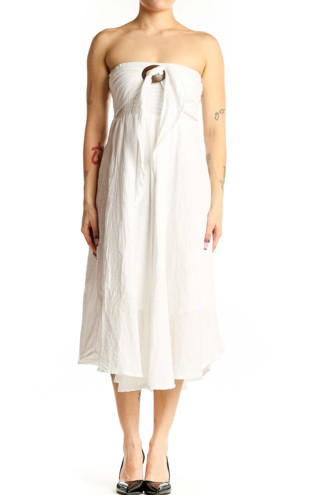 White Strapless Cotton Midi Dress Front