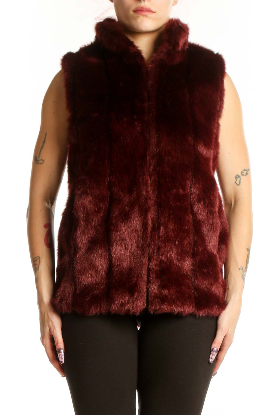 Burgundy Faux Fur Sleeveless Vest Front