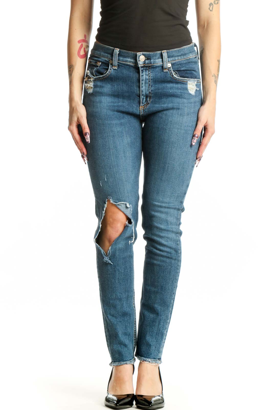 Blue Distressed Skinny Denim Jeans Front