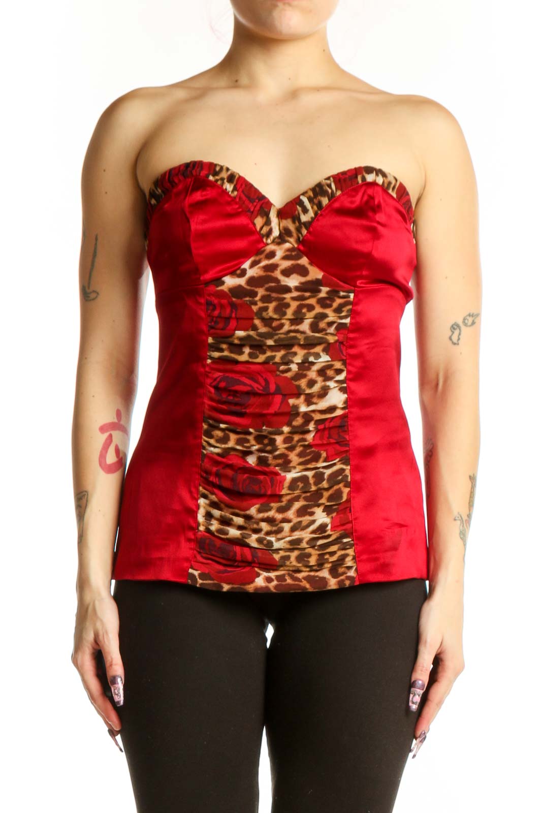 Red Leopard Print Strapless Bustier Top Front