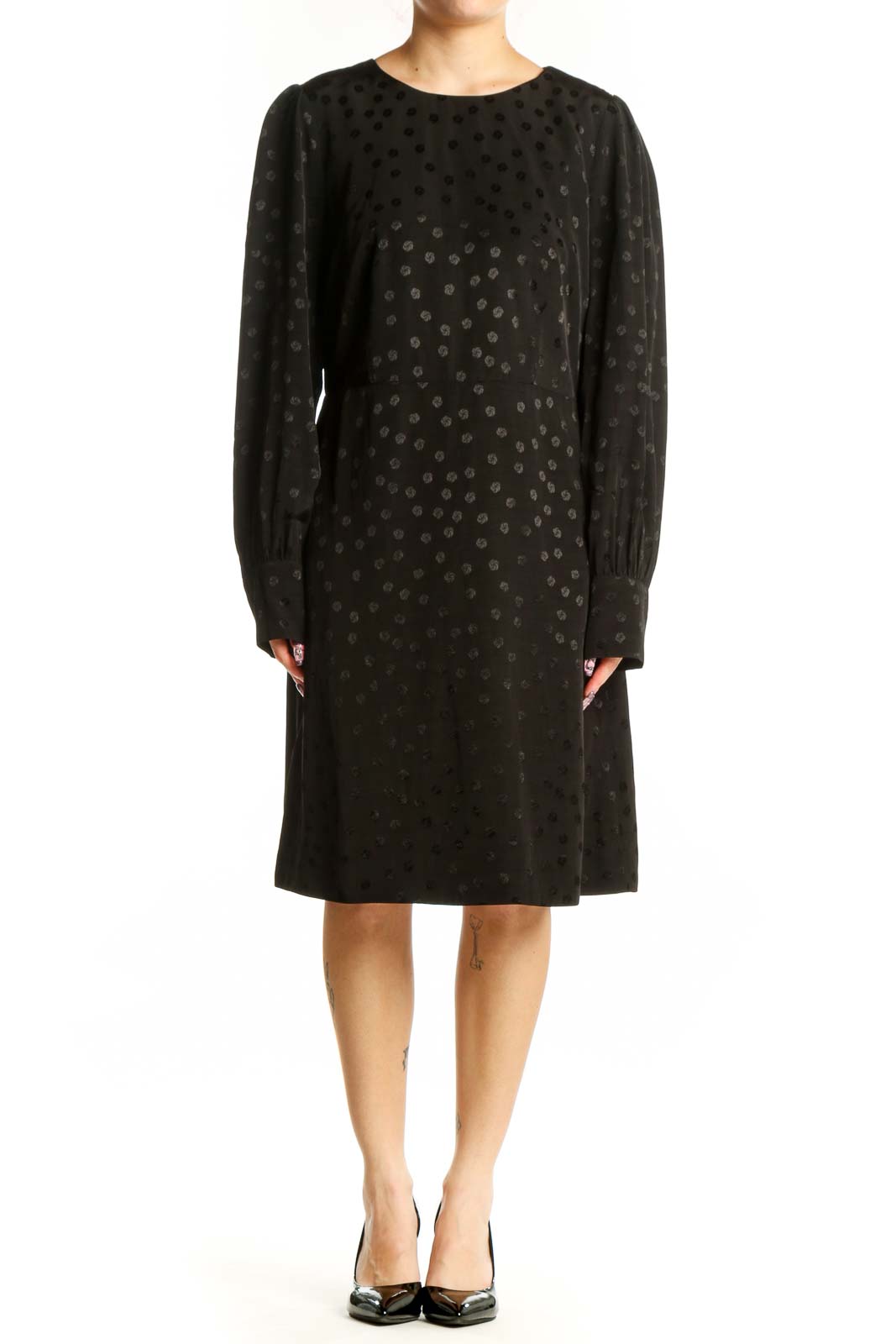 Black Polka Dot Long Sleeve Dress Front