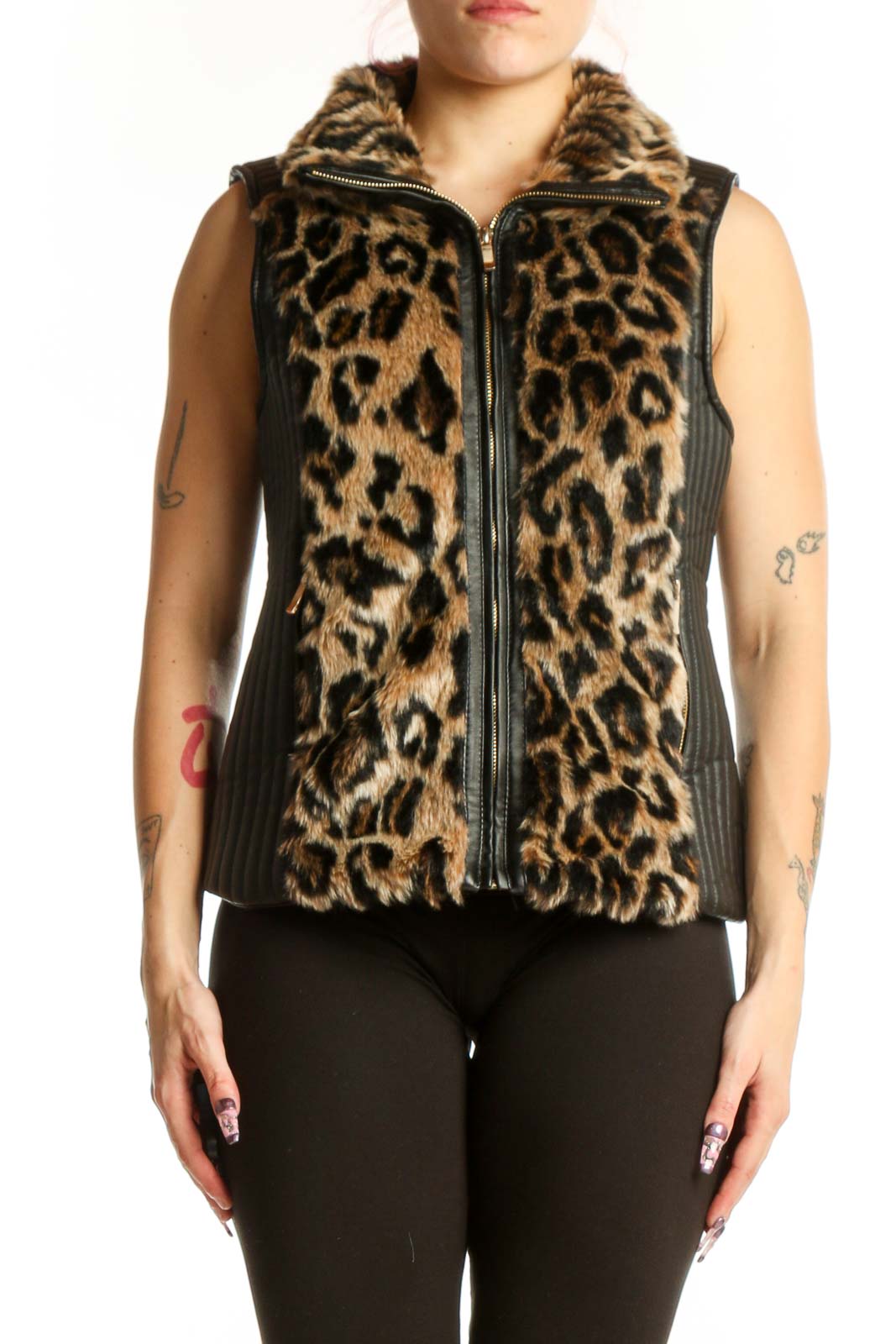 Black Leopard Print Faux Fur Vest Front