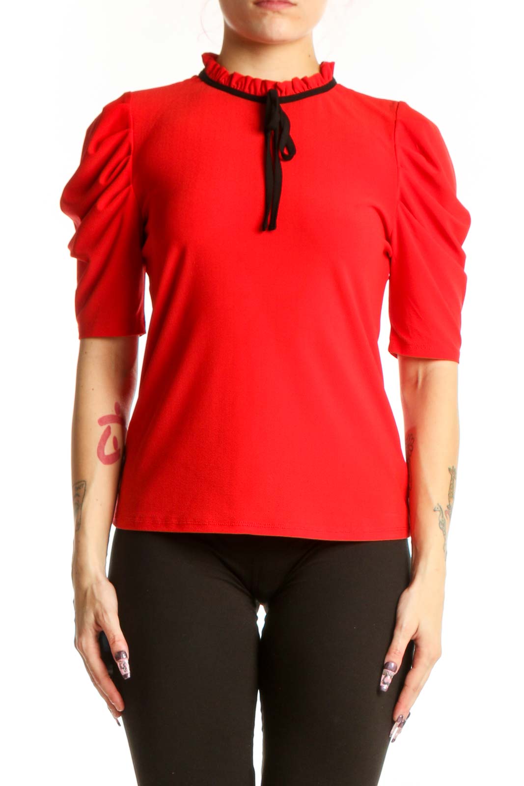 Red Puff Sleeve Top with Ruched Neckline Front