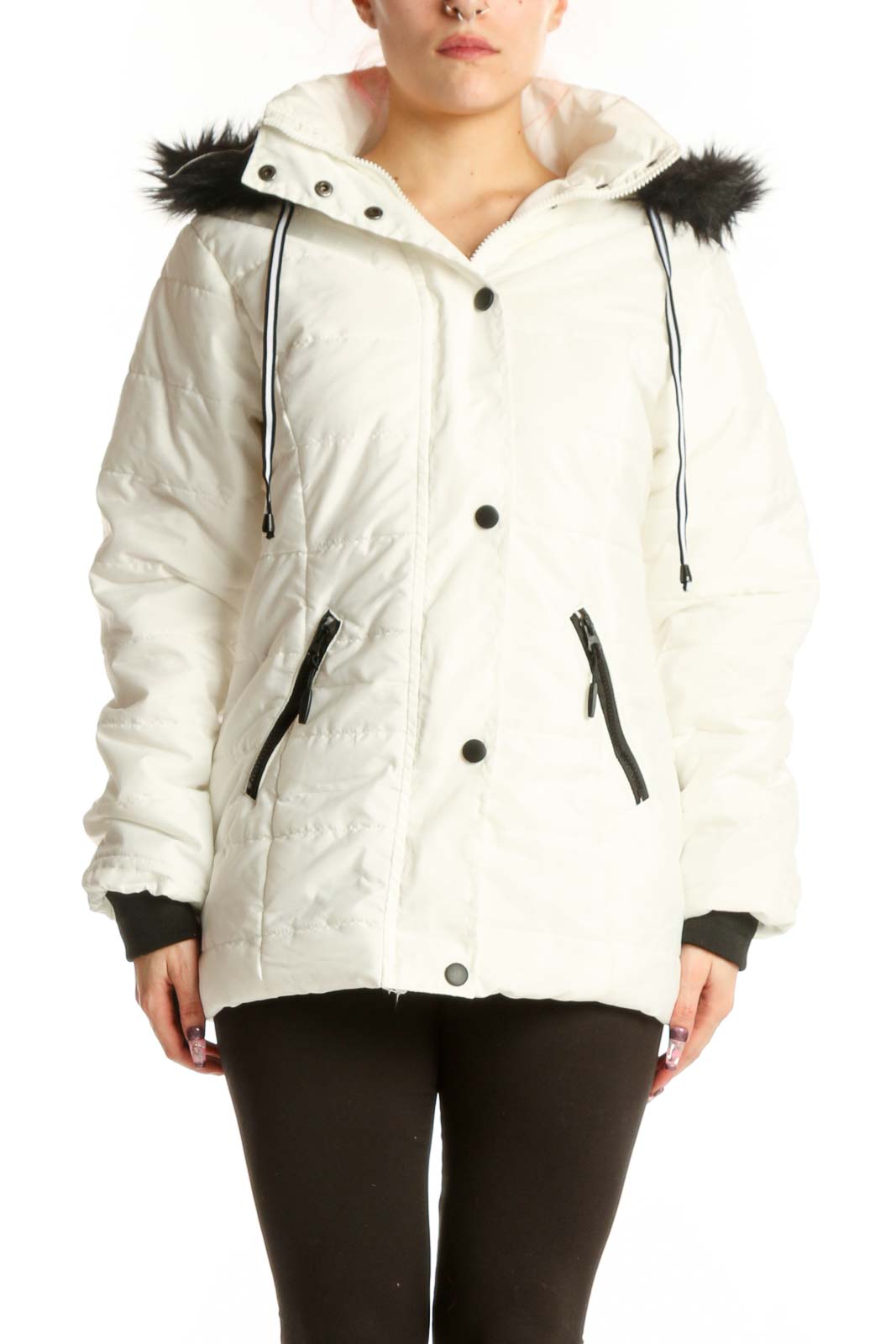 White Puffer Coat with Faux Fur Hood Front