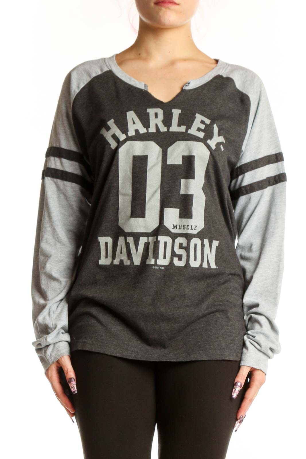 Charcoal Harley Davidson Graphic Baseball Tee Front