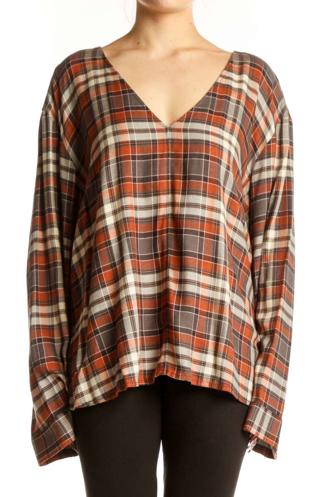 Orange Plaid V-Neck Long Sleeve Top Front